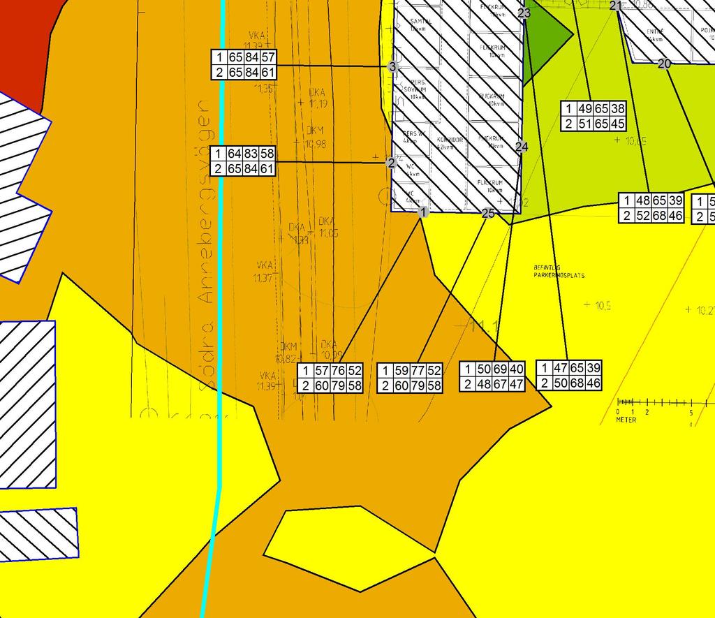 Beräknad ljudnivån db(a) Vån / Leq / LFmax j-väg / LFmax vä Beräkning av trafikbuller från väg och järnväg till boende för ensamkommande barn & unga, Skårby 2:3 (A3) Skala