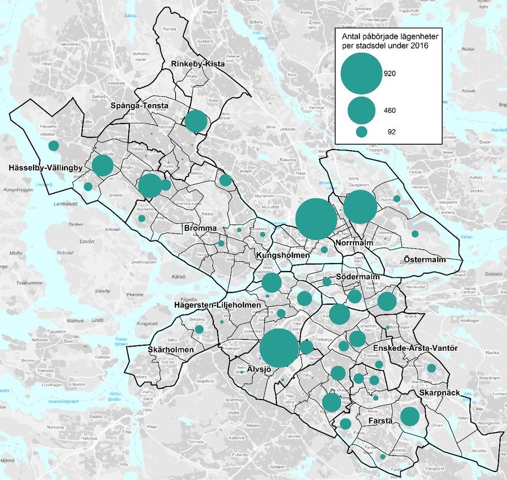 Kartan nedan visar var de påbörjade bostäderna tillkommer per stadsdel, cirkelns storlek representerar antalet bostäder.