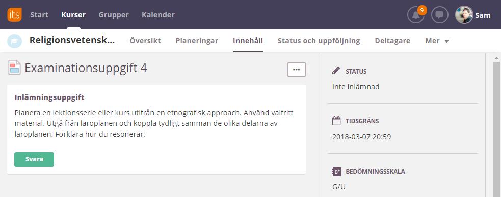 Innehåll är kursens lagringsplats där allt innehåll som din lärare skapat är strukturerat i mappar.