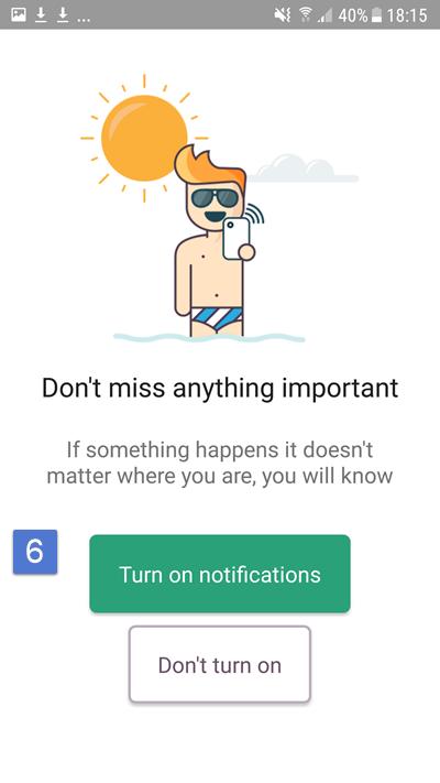 6. När du gör dina inställningar för appen kommer du att få få frågan om du vill slå på notifieringar och ansluta din kalender. Den här bilden visar hur du möjliggör notifieringar.