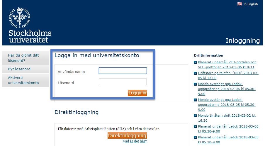 Efter du klickat på Logga in på universitetets inloggningssida kommer du att bli omdirigerad tillbaka till Athena.