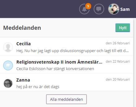 MEDDELANDEN Den interna meddelandefunktionen i Athena hittas under ikonen med pratbubblan i huvudmenyn. Genom att välja Alla meddelanden öppnas en popup-meny med flera meddelandefunktioner.