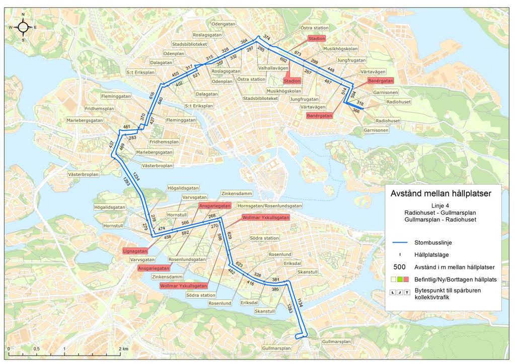 Minuter RAPPORT 17 (20) Figur 12 Stombusslinje 4: förslag till förändring av hållplatser. Bilden är från Trafikkontorets utredning Framkomlighetsförbättrande åtgärder för stombusslinje 1-4. 3.4.1 Körtider Linje 4 har en något kortare körtid hösten 2012 jämfört med hösten 2011.