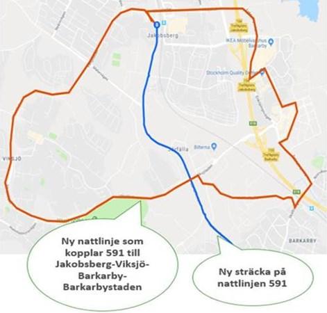 45(50) Linjesträckning: Ny sträcka på linje 591 efter hållplats Byleden: Lärkvägen, Viksjöleden, Frihetsvägen, Jakobsbergs station och därefter ordinarie linjesträckning.