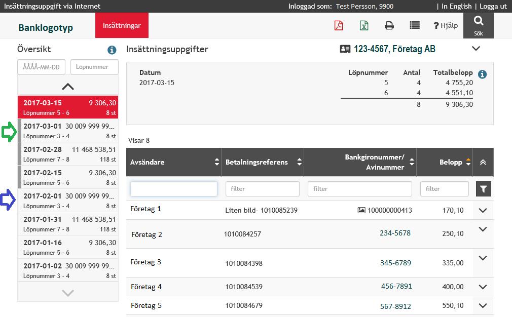 Sida 5 (11) 5 Markering för oöppnad post samt översikt Vänsterkolumnen Översikt visar de datum det finns insättningar på.