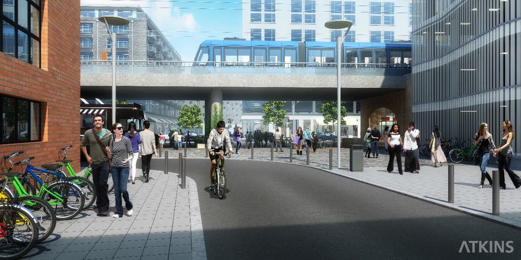 Illustration Atkins. Bilden visar en illustration av hur upphöjning kan komma se ut. Platsen är vid föreslagen gång- och cykelpassage vid Simbagatan.