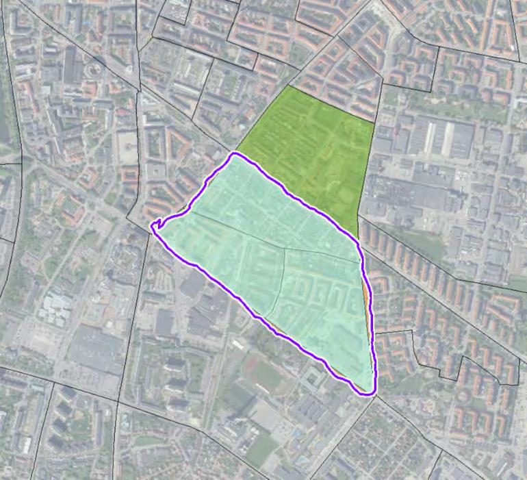 NOA-avgränsning för Södra Sofielund inom lila kontur. Del av Norra Sofielund (grön yta) ingår i klustringen av DeSO.