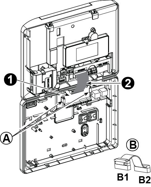 4. INSTALLATION av PowerMaster-30 G2 A. PowerMaster-30 G2-kontakt B. Frontenhet C. PGM-5-modul D. Bakenhet E. Kabeldragning F. Platt kabel F1. Denna sida för frontenhet F2. Denna sida för bakenhet G.