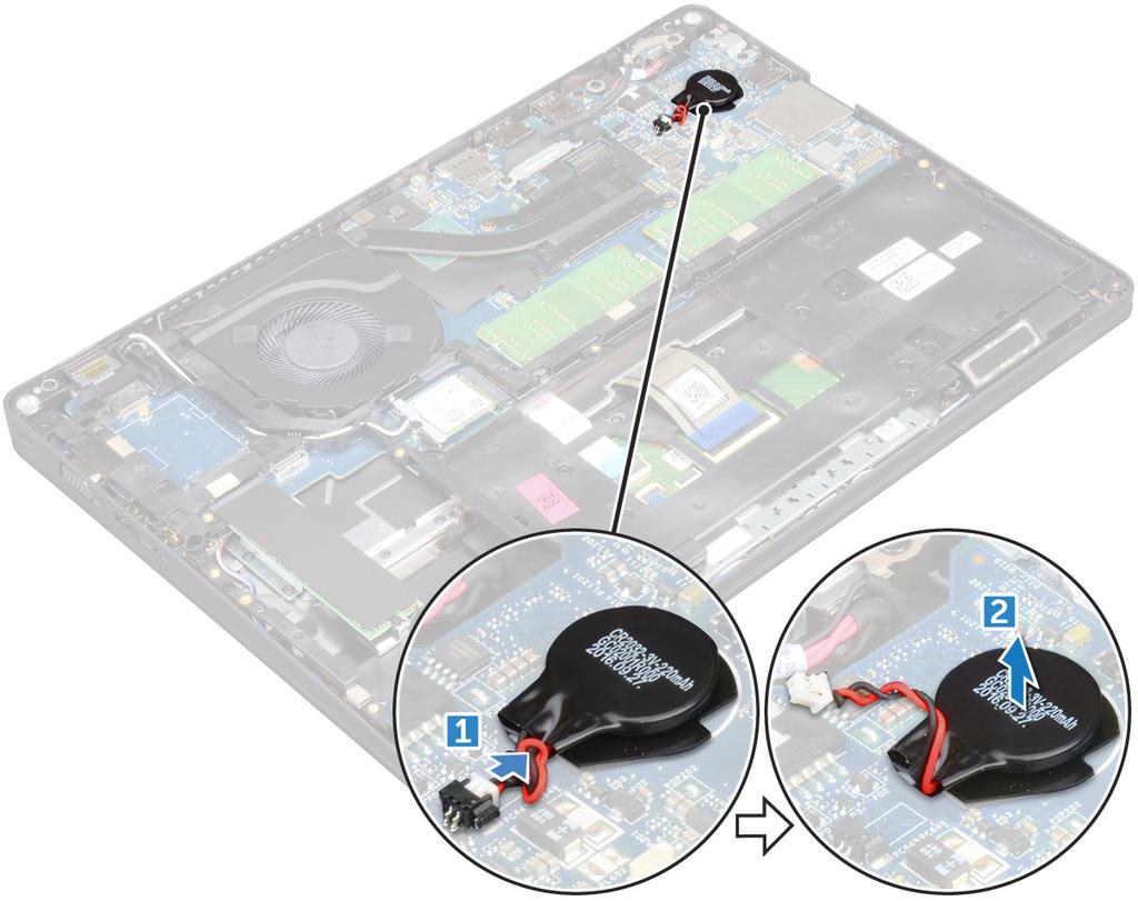 GUID-9B940A02-5A03-42B9-BD18-FFB1882DF817 Installera knappcellsbatteriet 1 Fäst knappcellsbatteriet på moderkortet. 2 Anslut knappcellsbatteriets kabel till kontakten på moderkortet.