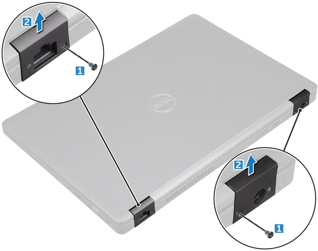GUID-125D6328-F536-411B-B54B-0319676F1D79 Installera kåpan för bildskärmsgångjärnen 1 Placera kåpan för bildskärmsgångjärnen på bildskärmsgångjärnen.