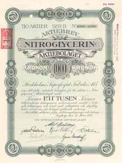 Alfred Nobel tecknade sig själv för 62 aktier genom en apportlikvid av 100.000 riksdaler för sitt nitroglycerin patent. De övriga 63 aktierna tecknades av J.