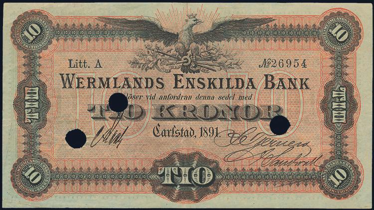 10 kronor 1891, D071889. Årtalet saknas i Platbarzdis. R. Jfr PL 23. 1?. Örebro Enskilda Bank.