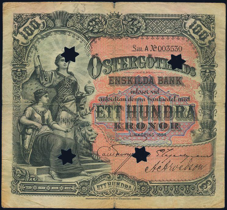 10 kronor Umeå 1881, J176099, makulerad med 3 hål. PL 8. 1?/1. Örebro Enskilda Bank.