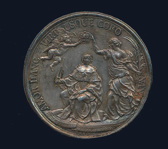 Karl XII. Konungens död 1718 av J C Hedlinger, silver 52 mm. Hild 197. 1+/01 bläckskrift. Karl XII. 3 medaljer i silver: Hild 97, 99 a bläckskrift och 217. 1+/01. Fredrik I.