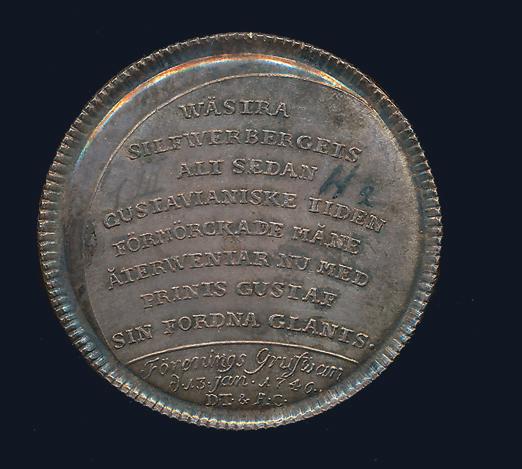 För tapperhet i fält, silver 30 mm. Hild 25. 1/1+ repor. 1. Karl XIV Johan. 5 medaljer i silver: Hild 6, 23, 28, 34 och 111. 3 ex med bläckskrift. 1+-1+/01. Hedlingers regentlängd.