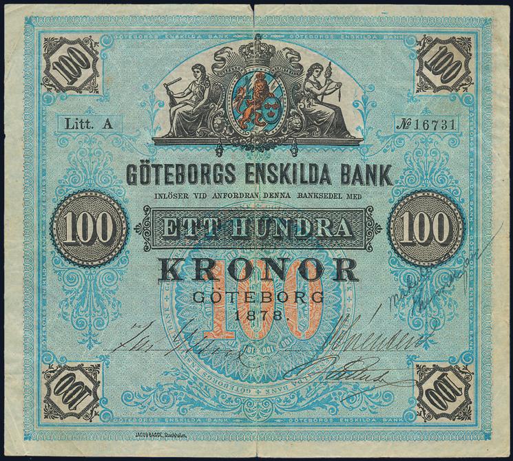 10 kronor Gefle 1875, L072377, makulerad med 3 hål. PL 11. 1/1+. 1582 Hernösands Enskilda Bank.