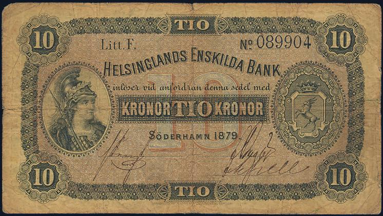 000 1583 Hernösands Enskilda Bank. 10 kronor 1892, J10107. PL 9. Bra ex 1+/01. Hernösands Enskilda Bank. 10 kronor 1892, N98490.