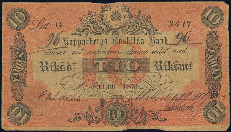 1585 1580 Helsinglands Enskilda Bank. 10 kronor Söderhamn 1879, F089904. PL 7. 1?. Kopparbergs Enskilda Bank.