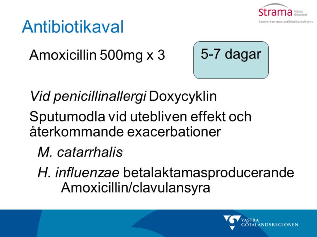 Vi erbjuder Frank behandling med amoxicillin 500mg x 3. Klicka fram successivt. Behandlingstid? 5-7 dagar. Behöver man ta en sputumodling? Vanligaste fyndet är H.