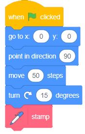 Lägg till kod så att sprajten går, svänger och stämplar en bild Sprajten går 50 steg och svänger 15 grader Testa koden.