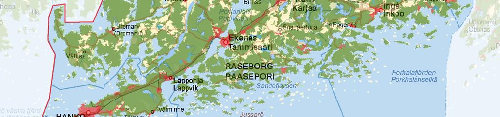 Bebyggda områden 522,2 4,6 % 37,2 12,0 % Skogar samt öppna moar och bergsmarker 3 059,3 27,2 % 139,7 45,0 % Vattenområden 6 609,4 58,7 % 42,2 13,6 %
