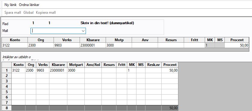 Nedanstående bild kommer då fram på skärmen och det är här som du gör fördelningen. Du måste först lyfta upp raden med hjälp av och sedan skriver du in kontering och procentsats i raden.