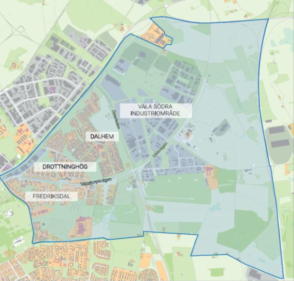består av Fredriksdal, Drottninghög och Dalhem. De flesta av bostäderna är byggda på 196- och 197-talen. Brohult som är ett mindre och något äldre villaområdet ingår också.