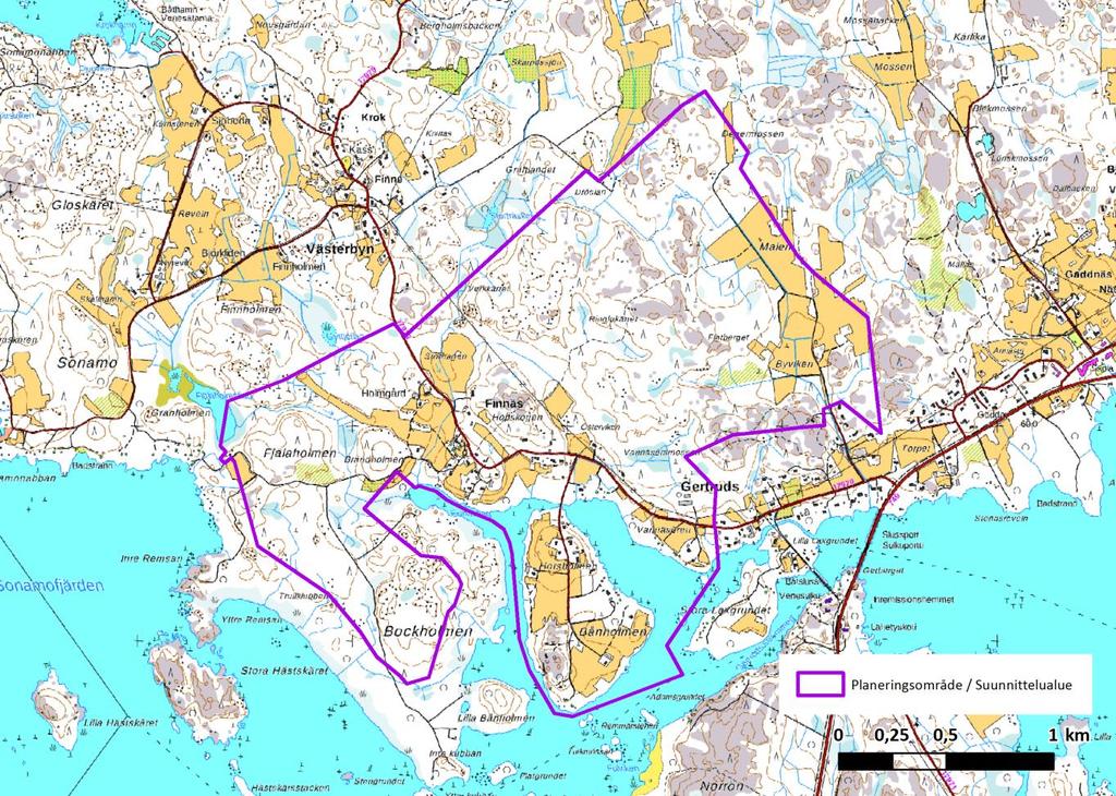 2 (28) 1.2 Planeringsområde Planeringsområdet omfattar Finnäs by norr om Larsmo kommuncentrum och uppgår till ca 306 ha.