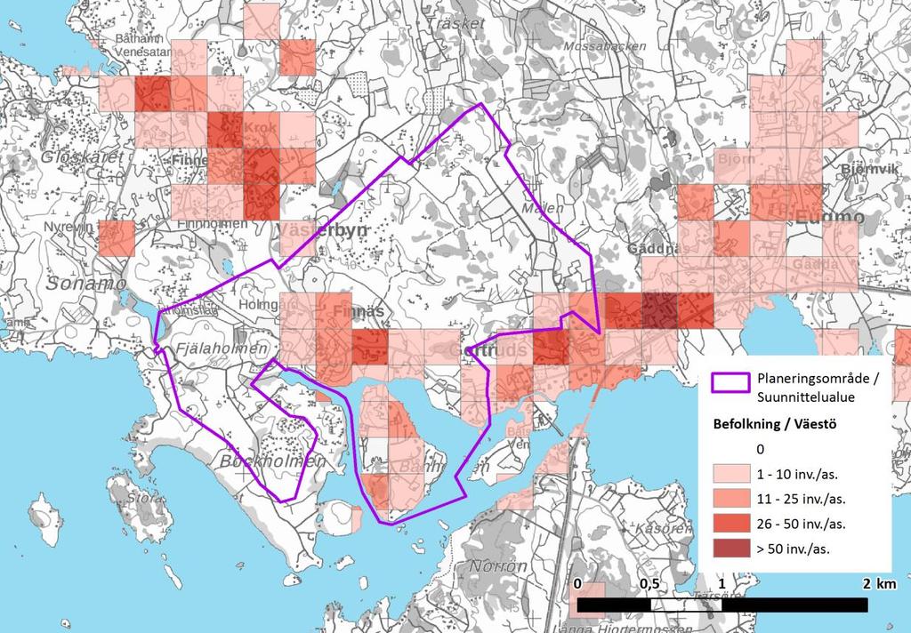 5 (28) 2.2 Naturmiljö 2.2.1 Allmänt 2.2.2 Flygekorre Figur 3. Planeringsområdets befolkningsmängd enligt RTTK 2013 (statistikcentralens rutdatabas).