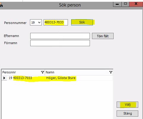 bilden Visa kontrakt. Tryck då på knappen Sök person och du får upp bilden nedan. Skriv in personnumret och tryck Sök.