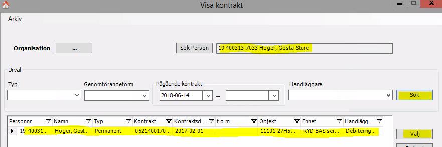 du tillkommit tillbaka i bilden fältet och Visa dånu kontrakt får du och upp då kontraktsnummer, har brukarens namn objekt