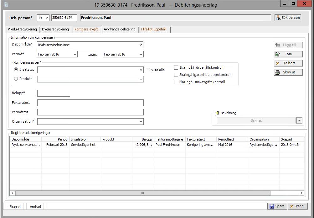 Sida 21 av 40 Korrigera avgift På fliken Korrigera avgift - välj Insatstyp alternativt Produkt beroende på vad som ska korrigeras. Insatstyp är de insatser som automatiskt genererar en avgift, d.v.s. de som är fördelade.