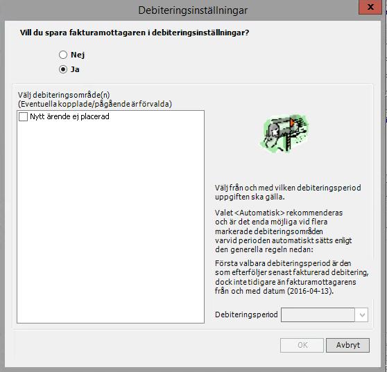 Sida 8 av 40 Ruta kommer upp Vill du spara fakturamottagare i debiteringsinställningar? med förvalet JA.