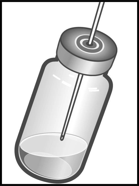 Steg 2 Färdigställande av spruta Ta bort skyddstoppen på injektionsflaskan innehållande pulver respektive spädningsvätska. Ta inte bort gummiproppen.
