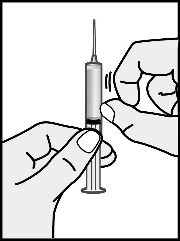 Byt sedan ut den längre nålen som används för att dra upp lösningen mot en kortare steril injektionsnål (se bild 9) Bild 9 Håll slutligen sprutan med nålen pekande uppåt och knacka försiktigt på