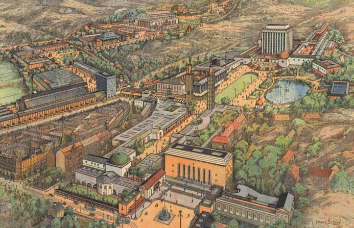 (där Humanisten idag bildar en blygsammare bakgrund), varifrån en linbana leder över till Liseberg; viadukten, kantad av salubodar (likt Ponte Vecchio i Florens), som leder över Södra vägen,