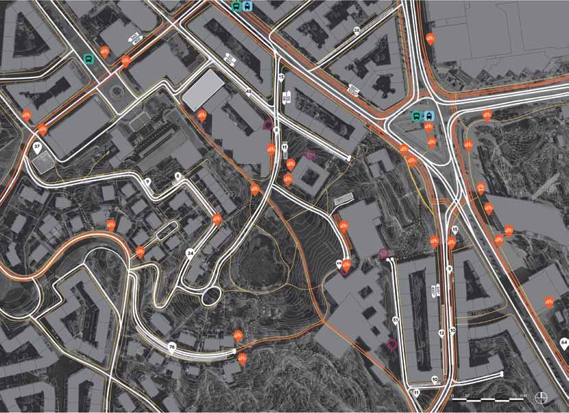 Kommunikationer 360 40 Bilväg 37 Bilparkering antal platser Antal bilar per timme Mot centrum Från centrum Godsmottagning Cykelväg Cykelparkering Cykelservice Spårvagn Buss Gångväg Otillgänglig