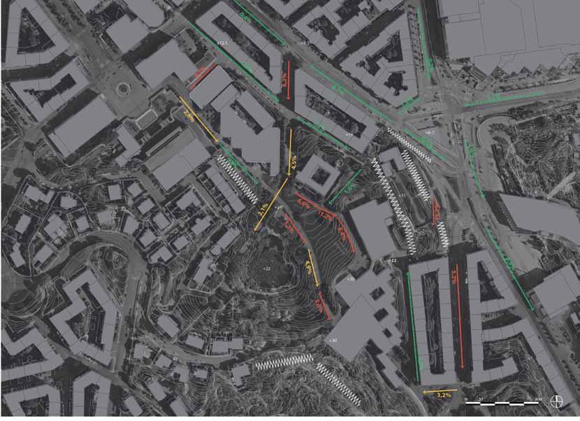 Topografi och barriärer Topografin utgör en väsentlig barriär för entré från Korsvägen. Merparten av vägar och gångvägar lever inte upp till krav på tillgänglighet.