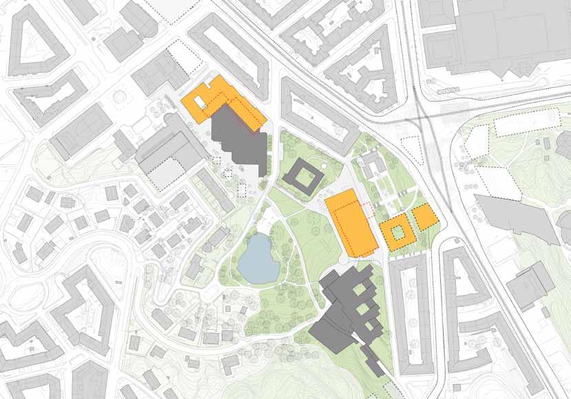 Byggfältskarta 2040 1 Önskvärt byggfält Akademiska Hus Önskvärt byggfält annan fastighetsägare Befintliga byggnader Akademiska hus Befintliga byggnader
