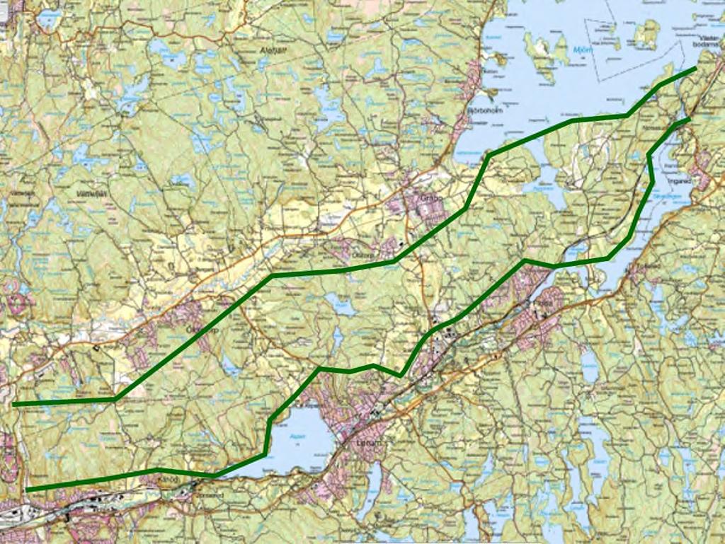 Figur 13. Den mellersta, tredje gröna kilen genom Lerums kommun. Det kan tilläggas att redan förslaget till generalplan 70 räknade med tre gröna huvudstråk som framgår ovan i kapitel 3.