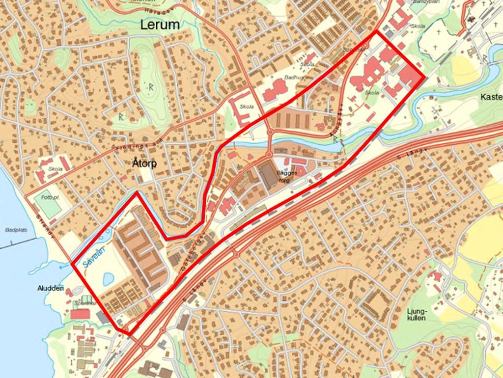Figur 2. Lerums centrum enligt cirkelns uppfattning. Från ekologisk synpunkt går det inte att behandla grönstruktur i ett alltför snävt avgränsat område.