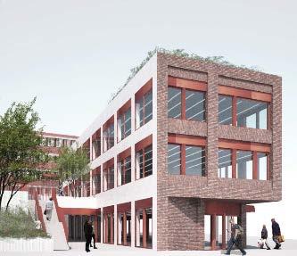 Byggnaden bör gestaltas med ett annat uttryck än angränsande bostadskvarter.
