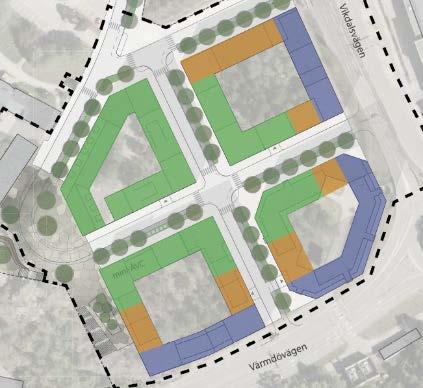 Planbeskrivning Nya Gatan, stadshusområdet 30 (47) Blå ytor (högst bullernivåer, över 65 dba): Undantaget i förordningen för trafikbuller innehålls genom att hälften av bostadsrummen får tillgång