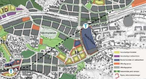 Planbeskrivning Nya Gatan, stadshusområdet 6 (47) Utsnitt ur programkarta för centrala Nacka med planområdet markerat med svart cirkel Programillustration för Vikdalsvägen Bild: White arkitekter