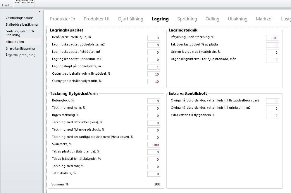 Fliken Lagring Samma flik som i Stallgödselberäkning. Ändringar som görs i Klimatkollen slår igenom i Stallgödselberäkning, och vise versa.