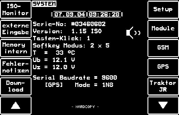 IOBU - Terminalen Joystickbeläggning slåtterenhet Inställning av joystick - Tryck på tangenten F4 på IO-Control manöverdelen. ystem-menyn visas.