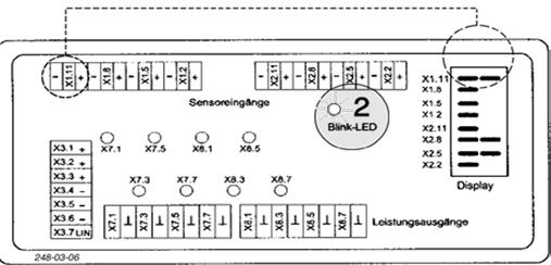 - Koppla till manöverenheten med knapptryck I/O. - LED (1) i I/O knappen lyser under 2 sekunder. - Vid korrekt anslutning till jobbräknaren lyser LED (1) i I/O knappen.