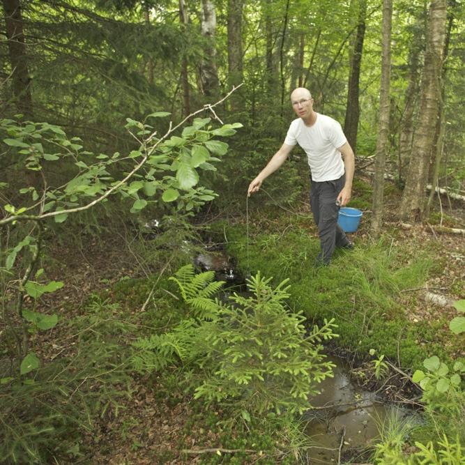 Figur 5. Nicklas Carlsson utför mätningar i provtagningspunkt P5, Bäck vid Bollevik. Foto: Johan Forssblad, 2011-07-11. Vattendragens ph Överlag var det låga ph i de tillrinnande bäckarna och dikena.