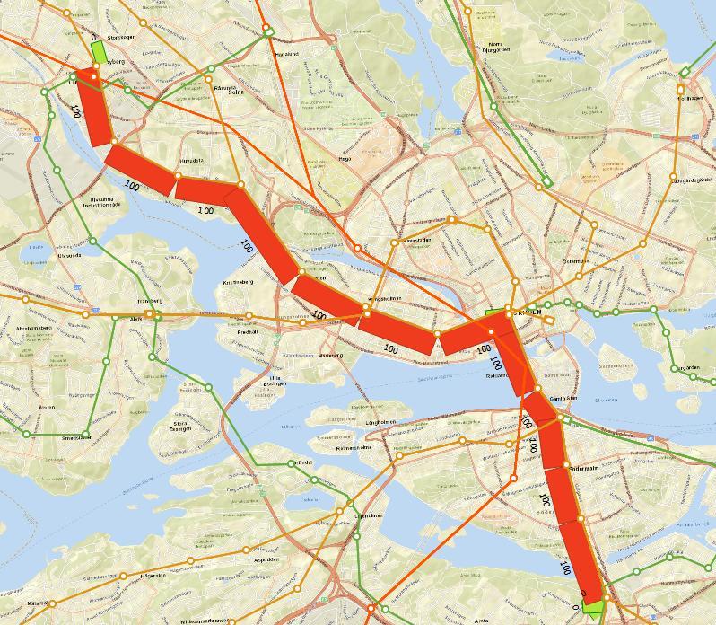 Standard transit assignment Figur 5 visar resultat för relationen med standard transit assignment.