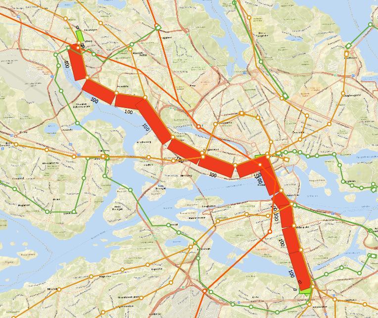 Extended transit assignment med fördelning på skaft Figur 6 visar resultat med fördelning på skaft via logit-funktion inom extended transit assignment för relationen.